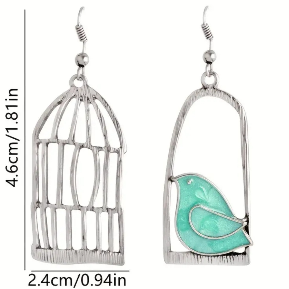 ✨New✨ Creative Bird and Cage Asymmetrical bronze earrings - Picture 3 of 3